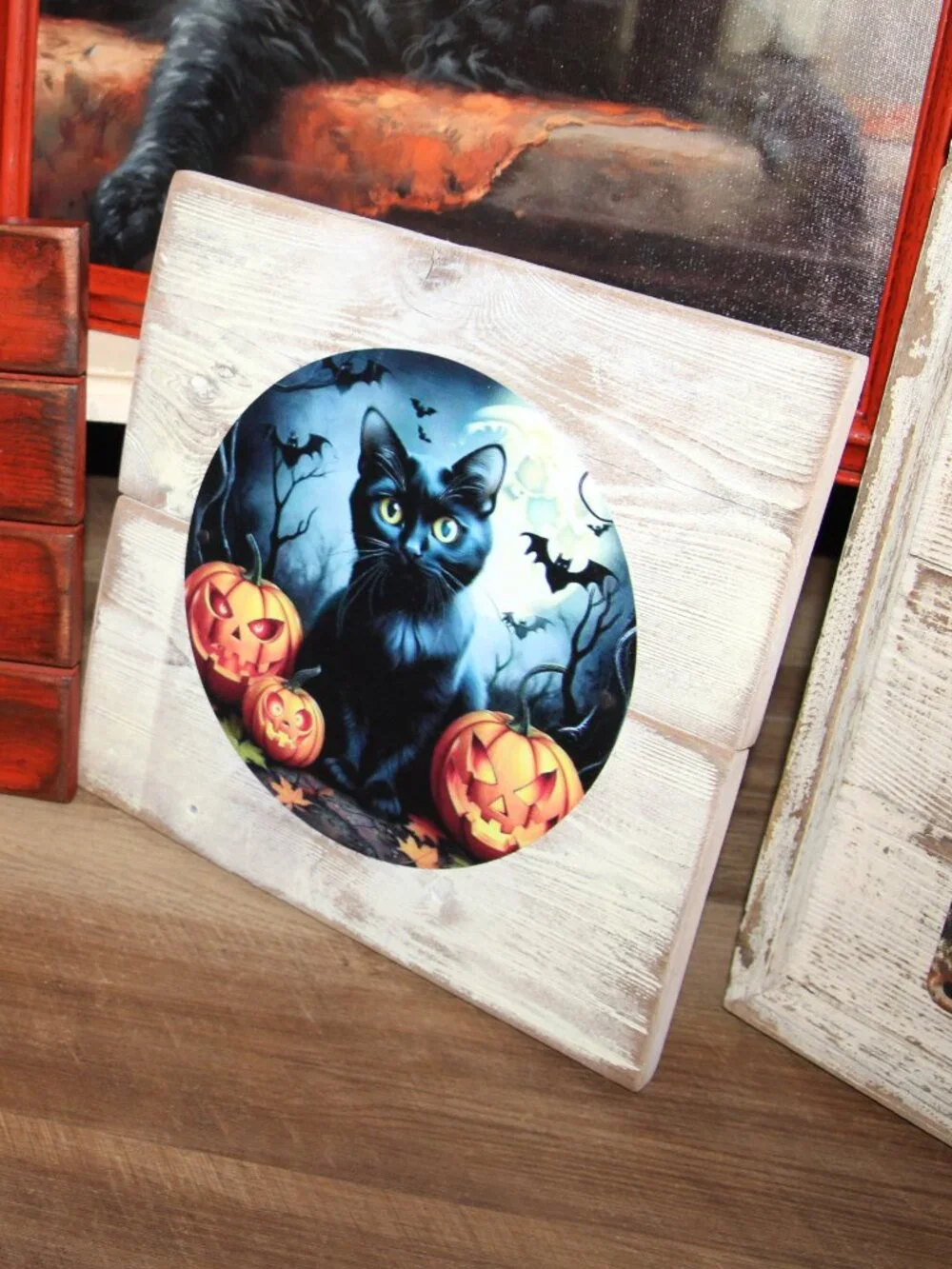 NEW Rustic Moody Black Cat Jack-O-Lantern Pumpkins & Bats Halloween Wall Decor